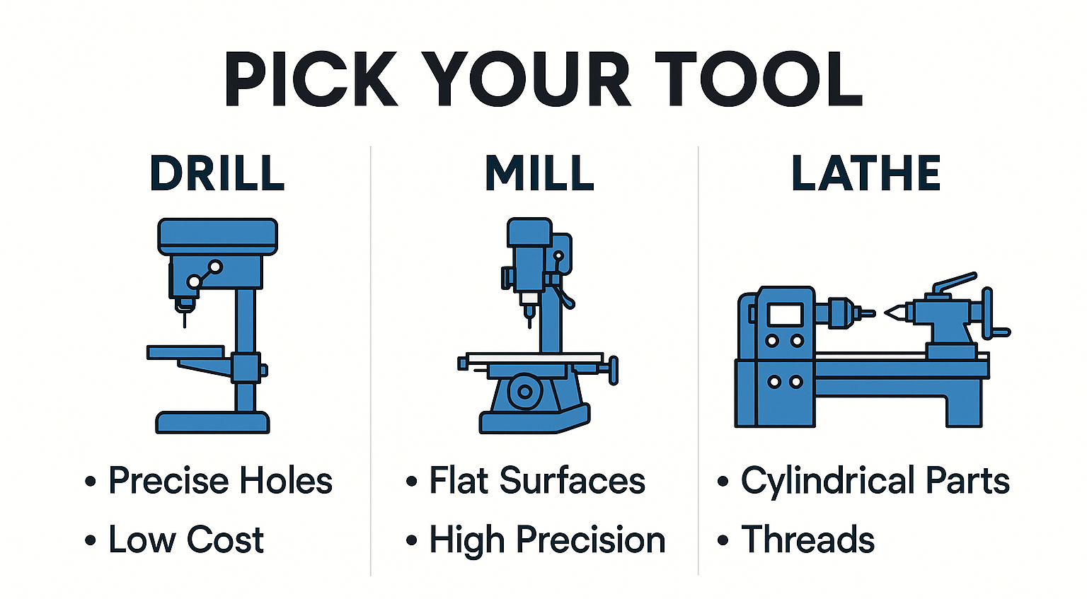 machine-type-comparison-overview - Wurth Machinery A visual comparison chart showing a drill press, mill, and lathe side-by-side with icons or illustrations. Each has a short list of what it does best.